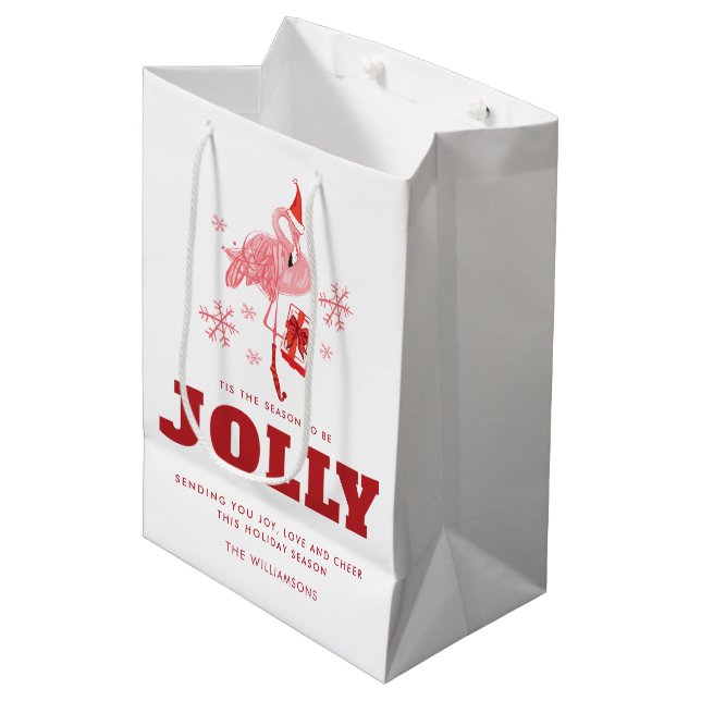 Sacola Para Presentes Média Pink Flamingo Tropical Beach White Christmas (Frente inclinada)