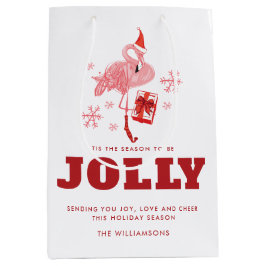 Sacola Para Presentes Média Pink Flamingo Tropical Beach White Christmas