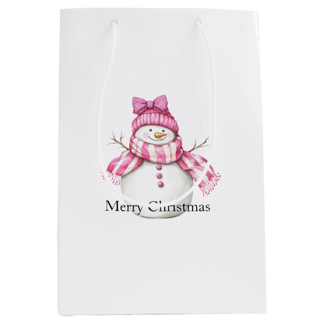 Sacola Para Presentes Média Pink Glam Snowman Snowwoman Christmas (Frente)