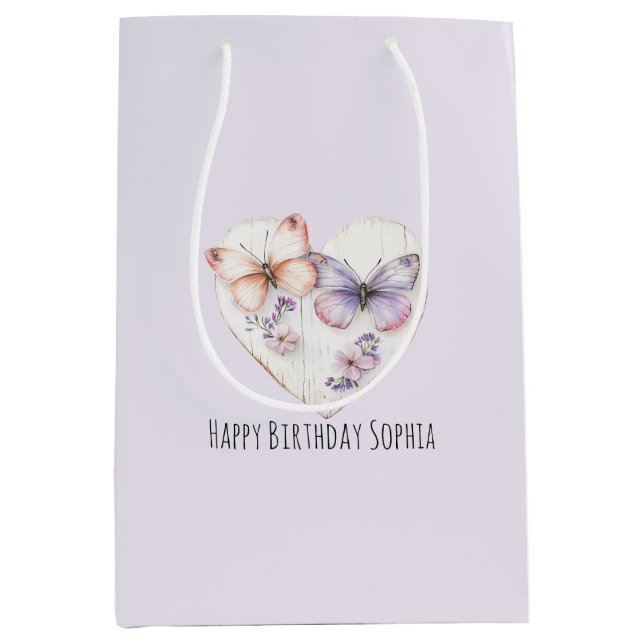 Sacola Para Presentes Média Pink Lavender Floral Heart Butterflies Birthday (Frente)