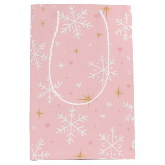 Sacola Para Presentes Média Pink Snowflake & Gold Sparkle Christmas Gift Bag