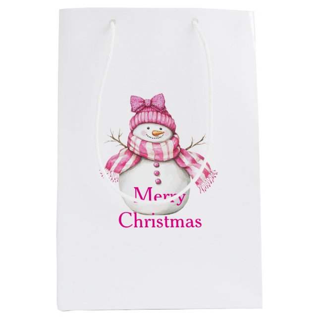Sacola Para Presentes Média Pink Snowman Girl Christmas (Frente)