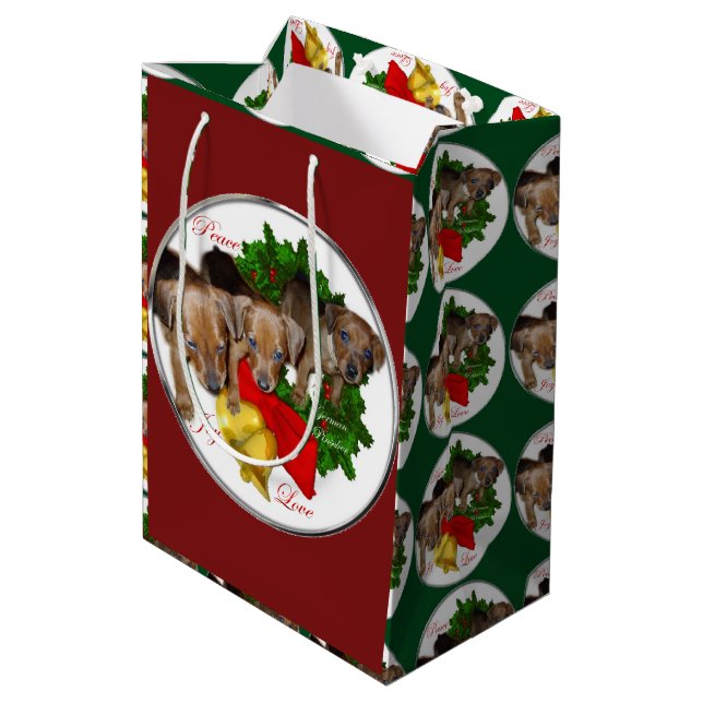 Sacola Para Presentes Média Pinscher Alemão Puppies Natal (Verso inclinado)