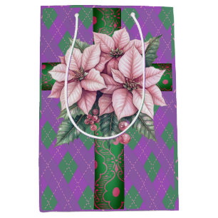 Sacola Para Presentes Média Pintsettias cor-de-rosa Doce Xadrez roxa Natal