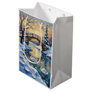 Sacola Para Presentes Média Pintura da Família de Cisnes Vintage sob Ponte Nev