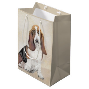 Sacola Para Presentes Média Pintura de Cachorro Basset - Arte de Cachorro Orig