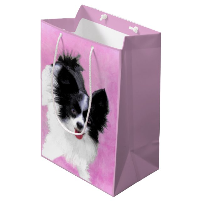 Sacola Para Presentes Média Pintura de Papillon (Branco e Preto) - Arte Canina (Frente inclinada)