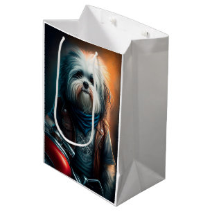 Sacola Para Presentes Média Pintura digital de cão Havanese em bicicleta