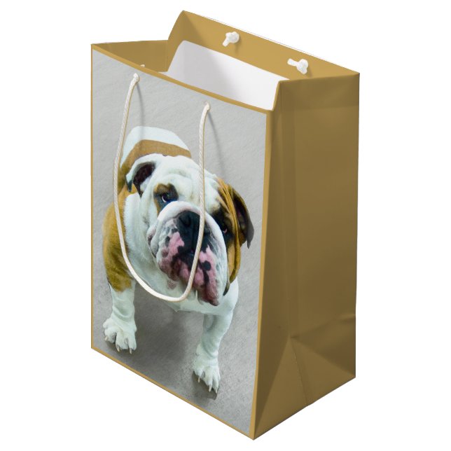 Sacola Para Presentes Média Pintura em Bulldog - Arte Cão Original Bonita (Frente inclinada)