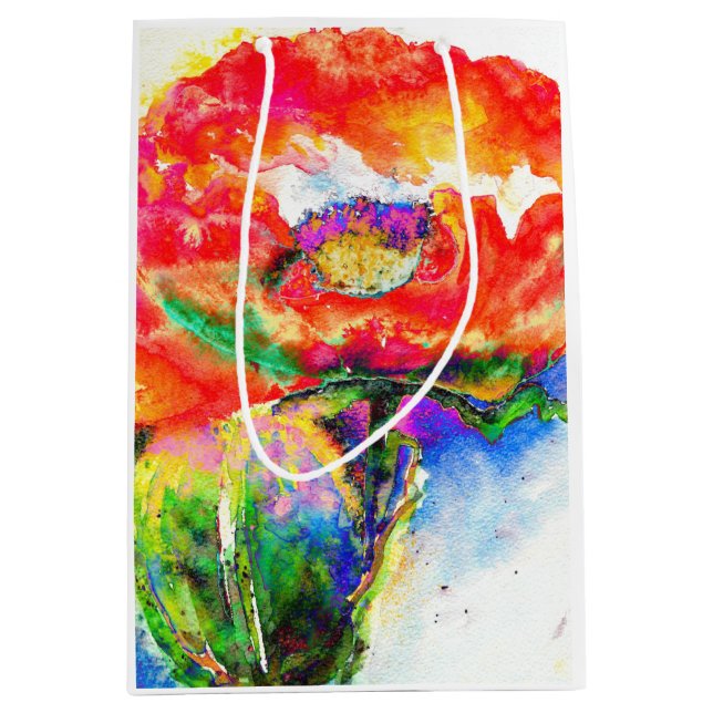 Sacola Para Presentes Média Pintura floral vermelha Elegante (Frente)