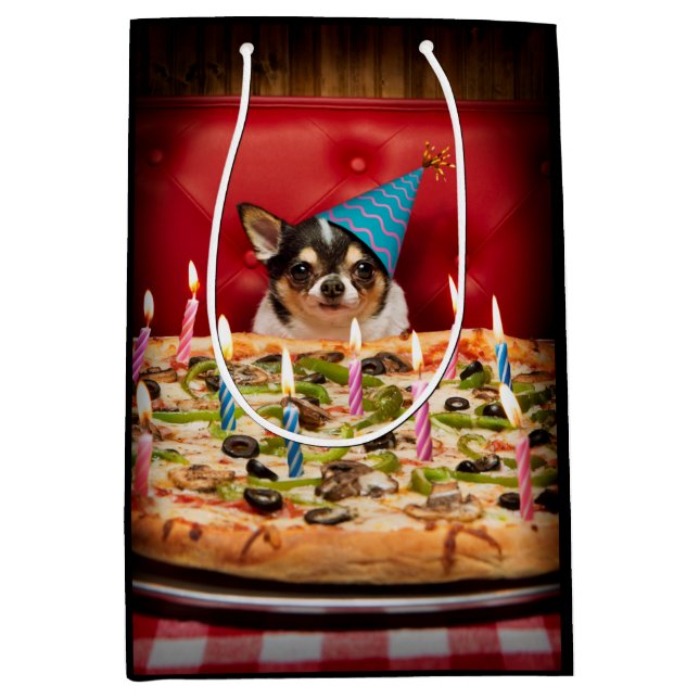 Sacola Para Presentes Média Pizza Chihuahua Birthday (Frente)