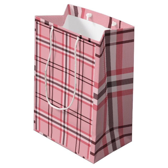 Sacola Para Presentes Média Plaid de moda rosa e cinza chique Festa (Verso inclinado)