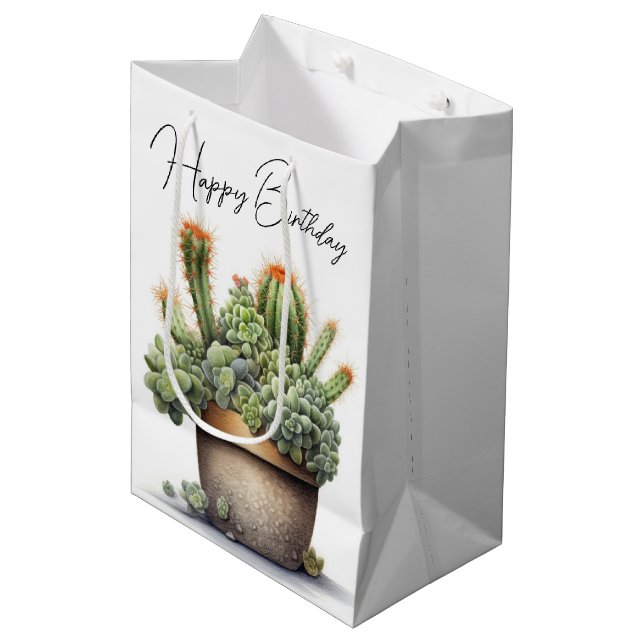 Sacola Para Presentes Média Plantas de Cactos de Aniversário no Pote (Frente inclinada)