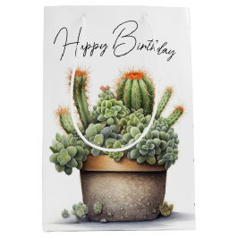 Sacola Para Presentes Média Plantas de Cactos de Aniversário no Pote