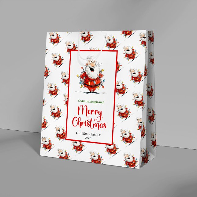 Sacola Para Presentes Média Playful funny Santa artistic red green gift bag (Playful funny Santa artistic red green gift bag)
