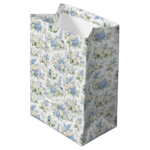Sacola Para Presentes Média Poeira Azul Creme Florais Casamento Chá de Noiva
