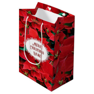 Sacola Para Presentes Média Poinsétia Vermelha Feliz Natal 
