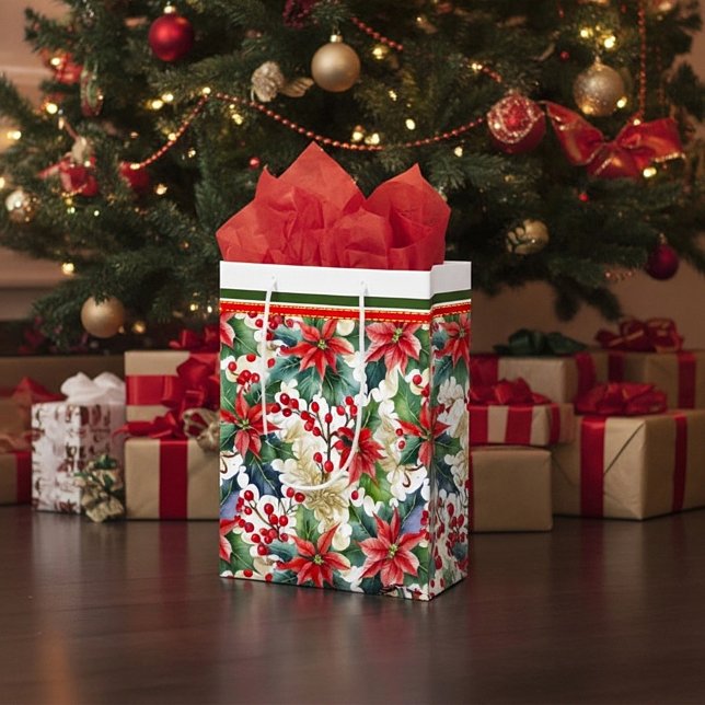 Sacola Para Presentes Média Poinsettia aquosa e padrão sagrado Natal (Criador carregado)