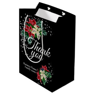Sacola Para Presentes Média Poinsettia Floral Preta Agradecimento Obrigado
