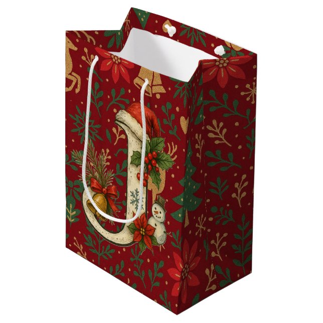 Sacola Para Presentes Média Poinsettia, Initial J Letter White Medium Gift Med (Frente inclinada)