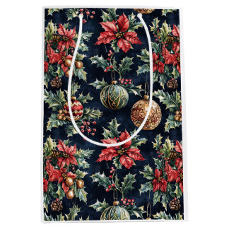 Sacola Para Presentes Média Poinsettias e Enfeites