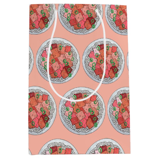 Sacola Para Presentes Média Poké Hawaiai Comida Raw Fish Ahi Tuna Poke Bowl (Frente)