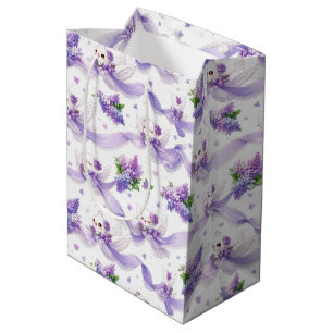 Sacola Para Presentes Média Pombas de Casamento Fofas com Lilases e Fitas