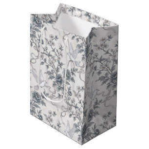 Sacola Para Presentes Média Pombas e Flores de Peônia com Fitas