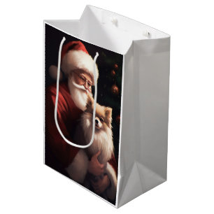 Sacola Para Presentes Média Pomerânia com Papai Noel Natal Festivo