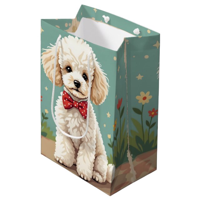 Sacola Para Presentes Média Poodle branco adorável com gravata borboleta (Frente inclinada)