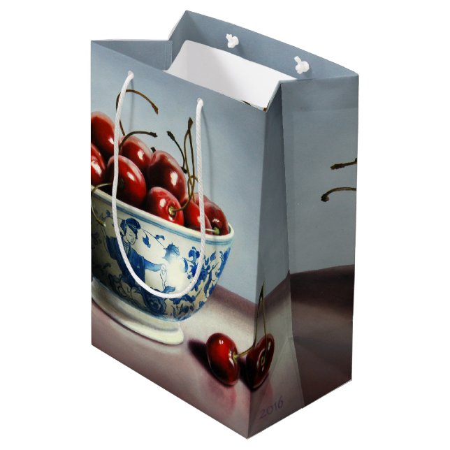 Sacola Para Presentes Média Porcelana Azul & Cerejas (Verso inclinado)
