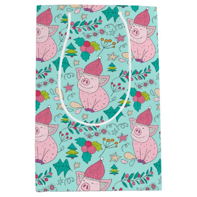 Sacola Para Presentes Média Porcos de Natal Festivos - Saco médio para present (Frente)