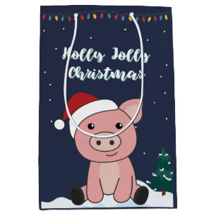 Sacola Para Presentes Média Porcos Feliz Animais de Natal Porcos Saco Médio Pr