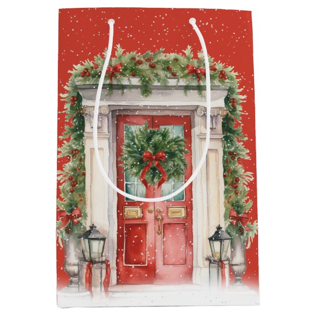 Sacola Para Presentes Média Porta De Natal Com Flocos De Neve (Frente)