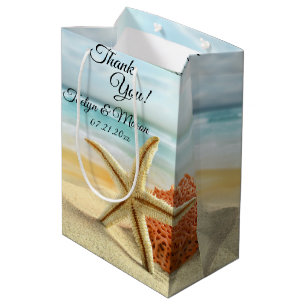 Sacola Para Presentes Média Praia, Areia, Casamento De Starfish Obrigado