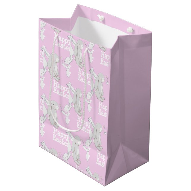Sacola Para Presentes Média Presente de Felz pascoa de Cinza Rosa Bonito (Frente inclinada)