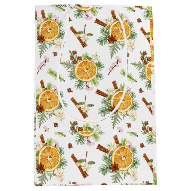 Sacola Para Presentes Média Presente de Natal Alegre Laranja Verde  (Frente)