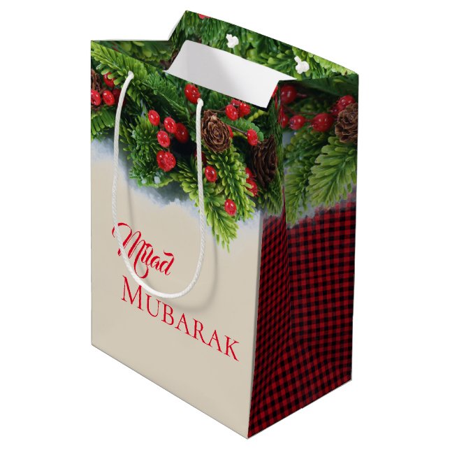 Sacola Para Presentes Média Presente de Natal Bag-Evergreen Milad Mubarak (Verso inclinado)