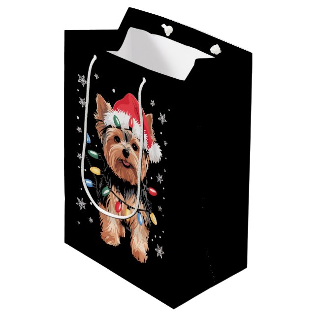 Sacola Para Presentes Média Presente de Natal de Yorkie Cachorro Long Xmas (Frente inclinada)