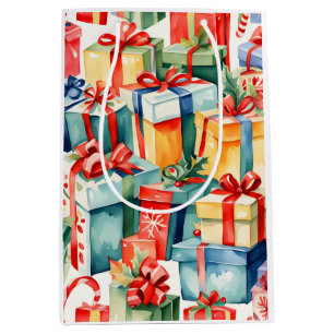 Sacola Para Presentes Média Presentes Coloridos de Natal Padrão Aquarela
