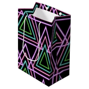 Sacola Para Presentes Média Preto Colorido Retro Neon Geométrico Triângulos 80