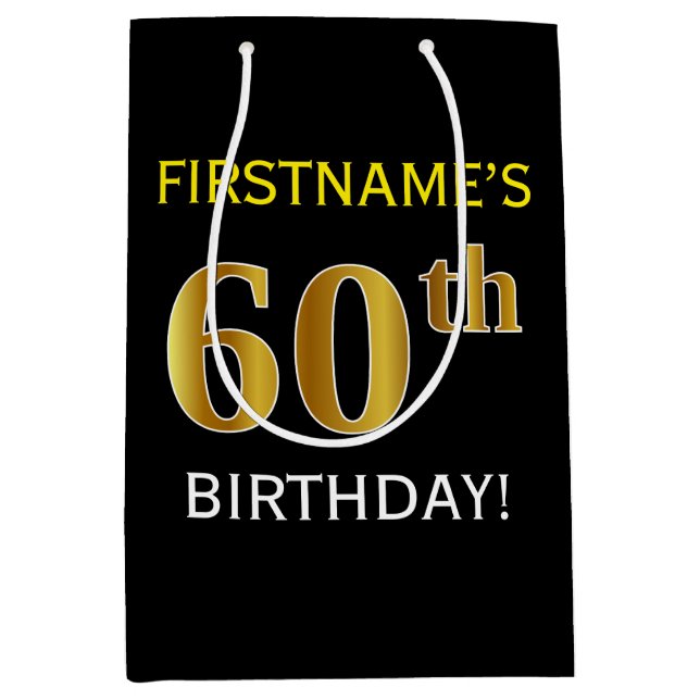Sacola Para Presentes Média Preto, Faux Dourado 60º Aniversário + Nome Persona (Frente)