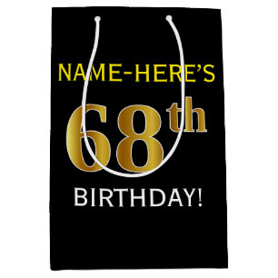 Sacola Para Presentes Média Preto, Faux Dourado 68º aniversário + Nome persona