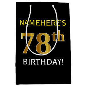 Sacola Para Presentes Média Preto, Faux Dourado 78º aniversário + Nome persona