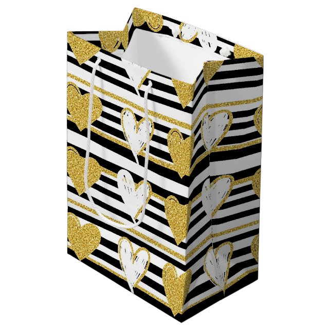 Sacola Para Presentes Média Preto Listra Dourado Coração Glam Padrão (1) (Frente inclinada)