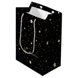 Sacola Para Presentes Média Preto personalizado e Dourado Natal estrelado