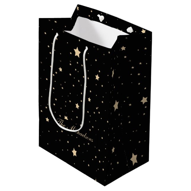 Sacola Para Presentes Média Preto personalizado e Dourado Natal estrelado (Frente inclinada)