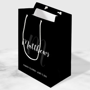 Sacola Para Presentes Média Preto personalizado moderno do monograma e do nome