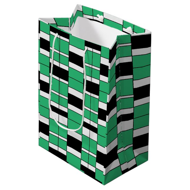 Sacola Para Presentes Média Preto Verde Geométrico Meados do Século  (Frente inclinada)