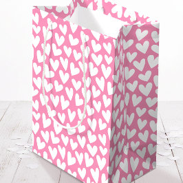 Sacola Para Presentes Média Pretty Love Heart Pattern Pink White Valentine